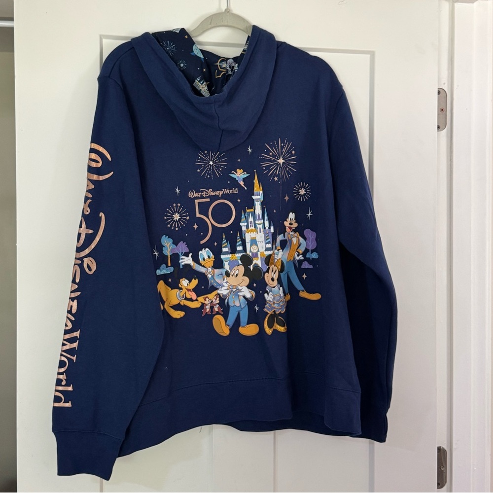 Disney World 50th Anniversary Zip Up Hoodie with Characters and Fireworks